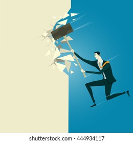 Breaking the wall. Abstract business concept of challenges. The fight or destroy obstacles to success. Vector illustration flat style finance banking web infographics.