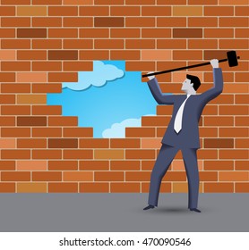 Breaking the wall business concept. Confident businessman in business suit with sledgehammer in grey regulated world trying to break the wall of rules and to find new shining opportunities