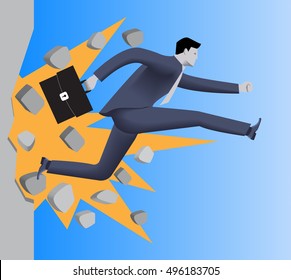 Breaking the wall business concept. Confident businessman in business suit with case runs and breaks the wall on his way