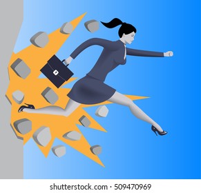 Breaking the wall business concept. Confident business woman in business suit with case runs and breaks the wall on her way to success. Motivation, determination, careerism, effectiveness.