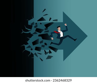 Breaking the wall concept, Businessman make challenge jumping breakthrough the wall with large arrow. Teal background, simple vector illustration flat design.