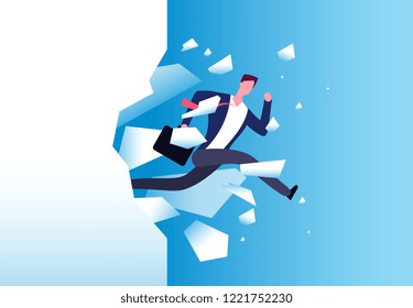 Breaking wall concept. Strong man jamps through barrier. Personal growth, business success and success motivation vector poster