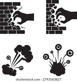 Breaking wall, destructive force, explosive blast, pop art, graphic illustration, danger signs.