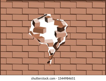 breaking walls. hole in a red brick wall