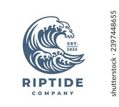 Breaking wave logo. Tidal riptide surfing icon. Crashing coastal surf emblem. Ocean marine sea water nature vector illustration.