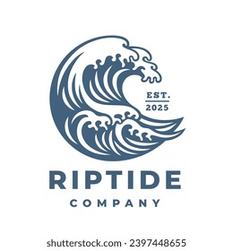Breaking wave logo. Tidal riptide surfing icon. Crashing coastal surf emblem. Ocean marine sea water nature vector illustration.