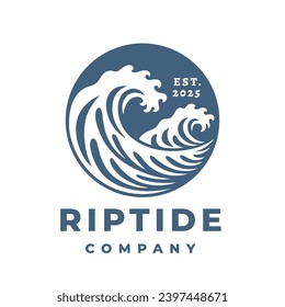 Breaking wave logo. Tidal riptide surfing icon. Crashing coastal surf emblem. Ocean marine sea water nature vector illustration.