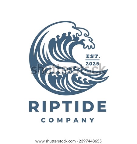 Breaking wave logo. Tidal riptide surfing icon. Crashing coastal surf emblem. Ocean marine sea water nature vector illustration.