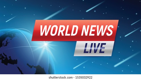 Breaking world news background composition of box captions with text and earth globe with falling stars vector illustration