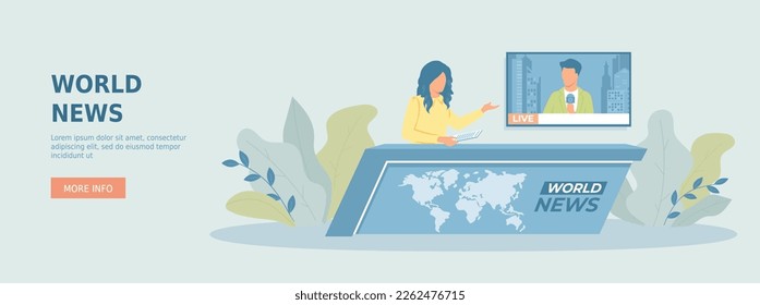 Breaking world news. Live news presenter, broadcaster, reporter interview in the studio. Promotional web banner. Cartoon flat vector illustration with people characters.	
