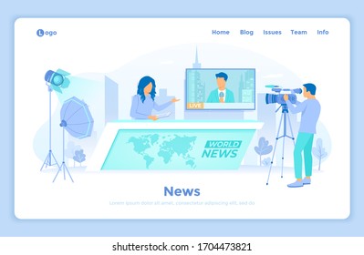 Breaking world news, TV show. News studio room with woman newscaster, journalist on a tv screen, cameraman and video lighting kits. landing web page design template decorated with people characters