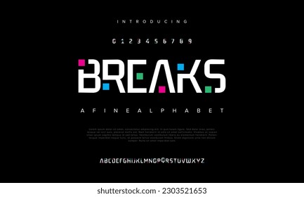 Breaks abstract digital technology logo font alphabet. Minimal modern urban fonts for logo, brand etc. Typography typeface uppercase lowercase and number. vector illustration