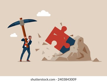 Breaks cobblestone with a pick to find a puzzle. Search jigsaw puzzle. Collaboration or partnership, get business, investment. Flat vector illustration