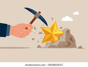 Breaks cobblestone with a pick to find a star. Search for new ideas for successful business. Flat vector illustration