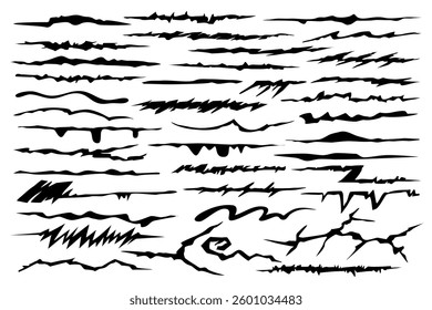 Breaks on land surface isolated on white background. Surface cracks and fissures in ground, concrete. Broken ground, wall, glass pattern effect. Damage