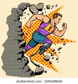 breaks the wall disabled runner with leg prostheses running forward. sports competition. Pop art retro vector illustration vintage kitsch