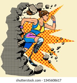 breaks the wall disabled woman runner with leg prostheses running forward. sports competition. Pop art retro vector illustration vintage kitsch