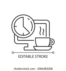 Breaks in work graphic linear icon. Time for rest on workplace in office. Work monitoring. Thin line customizable illustration. Contour symbol. Vector isolated outline drawing. Editable stroke