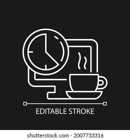 Breaks in work graphic white linear icon for dark theme. Time for rest on workplace in office. Thin line customizable illustration. Isolated vector contour symbol for night mode. Editable stroke