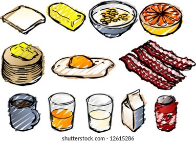 Breaksfast clipart illustrations done in sketchy hand-drawn look