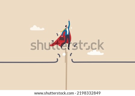 Breakthrough business barrier, overcome difficulty or obstacle to success, solve problem, business solution or leadership and effort for growth, powerful businessman superhero breaking barrier line. Сток-фото © 