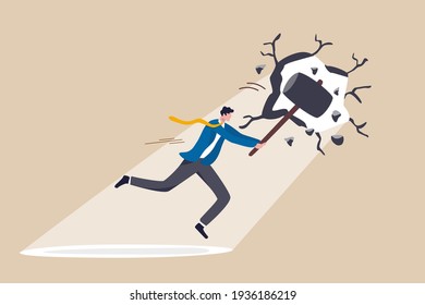 Breakthrough business boundary or limit, breaking the wall to see new work opportunities or career challenge concept, superpower businessman crack or breaking the wall with hammer to see light outside