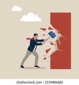 Breakthrough business boundary or limit, breaking the wall to see new work opportunities or career challenge concept, superpower businessman crack or breaking the wall with hammer to see light outside