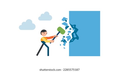 Breakthrough business boundary or limit, breaking the wall to see new work opportunities ,businessman crack or breaking the wall with hammer to see light outside