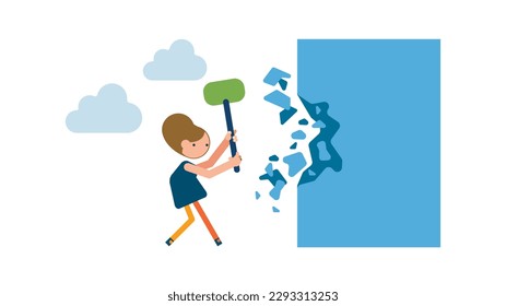 Breakthrough business boundary or limit, breaking the wall to see new work opportunities ,businesswoman crack or breaking the wall with hammer to see light outside