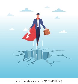 Breakthrough in the case. Businessman in superhero suit breaks ice, progress in project, new creative idea, creativity and innovation strategy. Vector isolated business concept