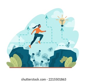 Concepto innovador. Valor y motivación para romper el obstáculo o problema. Logro exitoso o objetivo. Idea innovadora o descubrimiento de soluciones. Ilustración vectorial plana