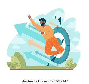 Breakthrough concept. Courage and motivation to break the obstacle or problem. Success or target achievement. Inovative idea or solution discovery. Flat vector illustration