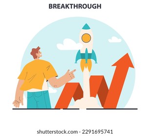 Breakthrough concept. Courage and motivation to break the obstacle or problem. Brainstorming, innovative idea or project successful development. Flat vector illustration