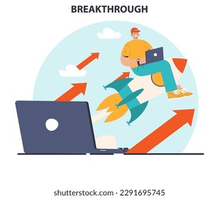 Breakthrough concept. Courage and motivation to break the obstacle or problem. Brainstorming, innovative idea or project successful development. Flat vector illustration