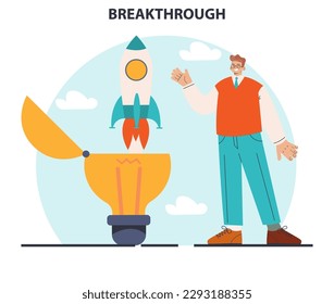 Breakthrough concept. Courage and motivation to break the obstacle or problem. Brainstorming, innovative idea or project successful development. Flat vector illustration