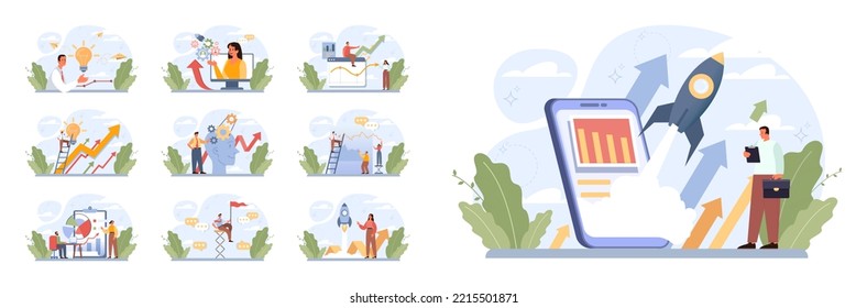 Breakthrough concept set. Courage and motivation to break the obstacle or problem. Success or target achievement. Inovative idea or solution discovery. Flat vector illustration