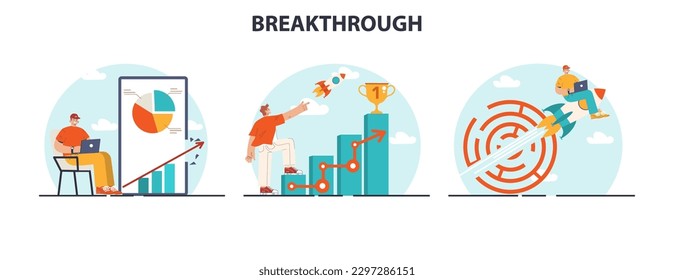 Breakthrough concept set. Courage and motivation to break the obstacle or problem. Brainstorming, innovative idea or project successful development. Flat vector illustration