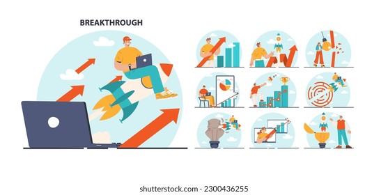 Breakthrough concept set. Courage and motivation to break the obstacle or problem. Brainstorming, innovative idea or project successful development. Flat vector illustration