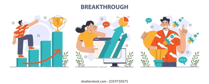Breakthrough concept set. Courage and motivation to move forward to a goal. Success or target achievement. Inovative idea or creative solution discovery. Flat vector illustration