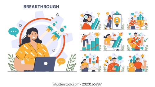 Conjunto de conceptos innovador. Valor y motivación para avanzar hacia un objetivo. Logro exitoso o objetivo. Idea innovadora o descubrimiento creativo de soluciones. Ilustración vectorial plana