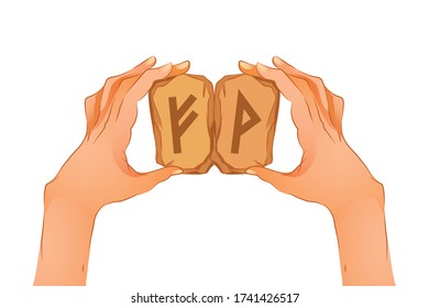 Breakthrough formula. Fehu and Vunyo. Hands holding stones with runes. Divination. Magic. Vector illustration.