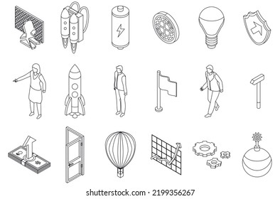 Breakthrough icons set. Isometric set of breakthrough vector icons outline thin lne isolated on white