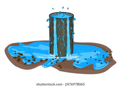 Breakthrough of metal pipe and water leakage isolated on white background. Underground water resources. Artesian water. Sewer accident and water main break. Stock vector illustration