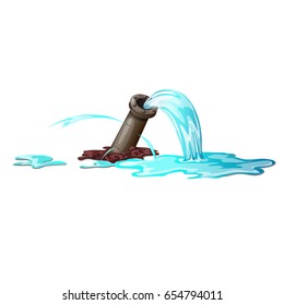 Breakthrough of metal pipe and water leakage isolated on white background. Vector cartoon close-up illustration.
