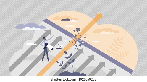 Breakthrough moment with powerful obstacle smashing scene tiny person concept. Business innovation or invention as startup idea discovery vector illustration. Development, success and achieving goals.