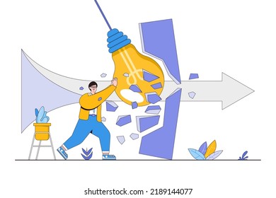 Breakthrough obstacle, innovation strategy, leadership determination overcoming difficult problems, achievement goal concepts. Businessman boss breaking walls using idea and creativity of lightbulb.