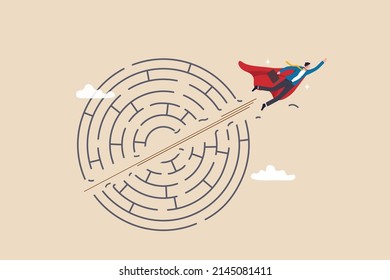 Breakthrough obstacle or problem with creativity, leadership determination to overcome difficulty and progress to success concept, businessman superhero flying breakthrough difficult maze labyrinth.