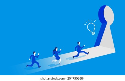 Breakthrough,businessperson running to exit in the shape of key,blue background,copy space,vector illustration