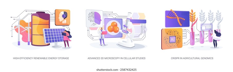 Breakthroughs in Energy, Imaging, and Agriculture abstract concept vector illustration set. High-capacity batteries, high-resolution microscopy, and CRISPR-enhanced crop yields. abstract metaphor.