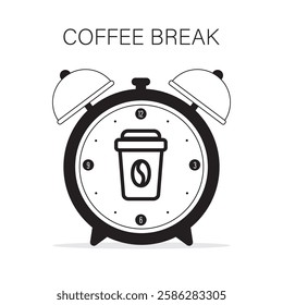 Breaktime icon. Coffee break icon, coffee time, hot drink to go. Alarm clock with cup. Time management. Black design isolated on white background. flat vector illustration